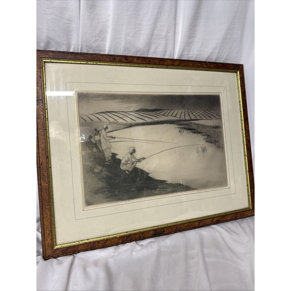 Vintage Framed Signed Cat Fishin' Coastal Decor Etching By Yngve Edward ED 85
